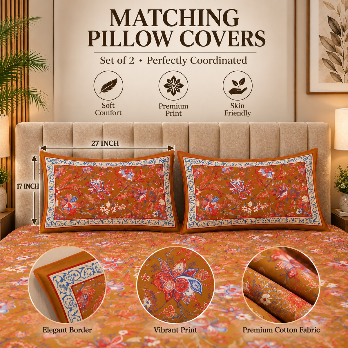 Heavenbirds 300 TC Premium Cotton Bedsheet with 2 Pillow Covers | Ultra Soft & Color Fade Resistant
