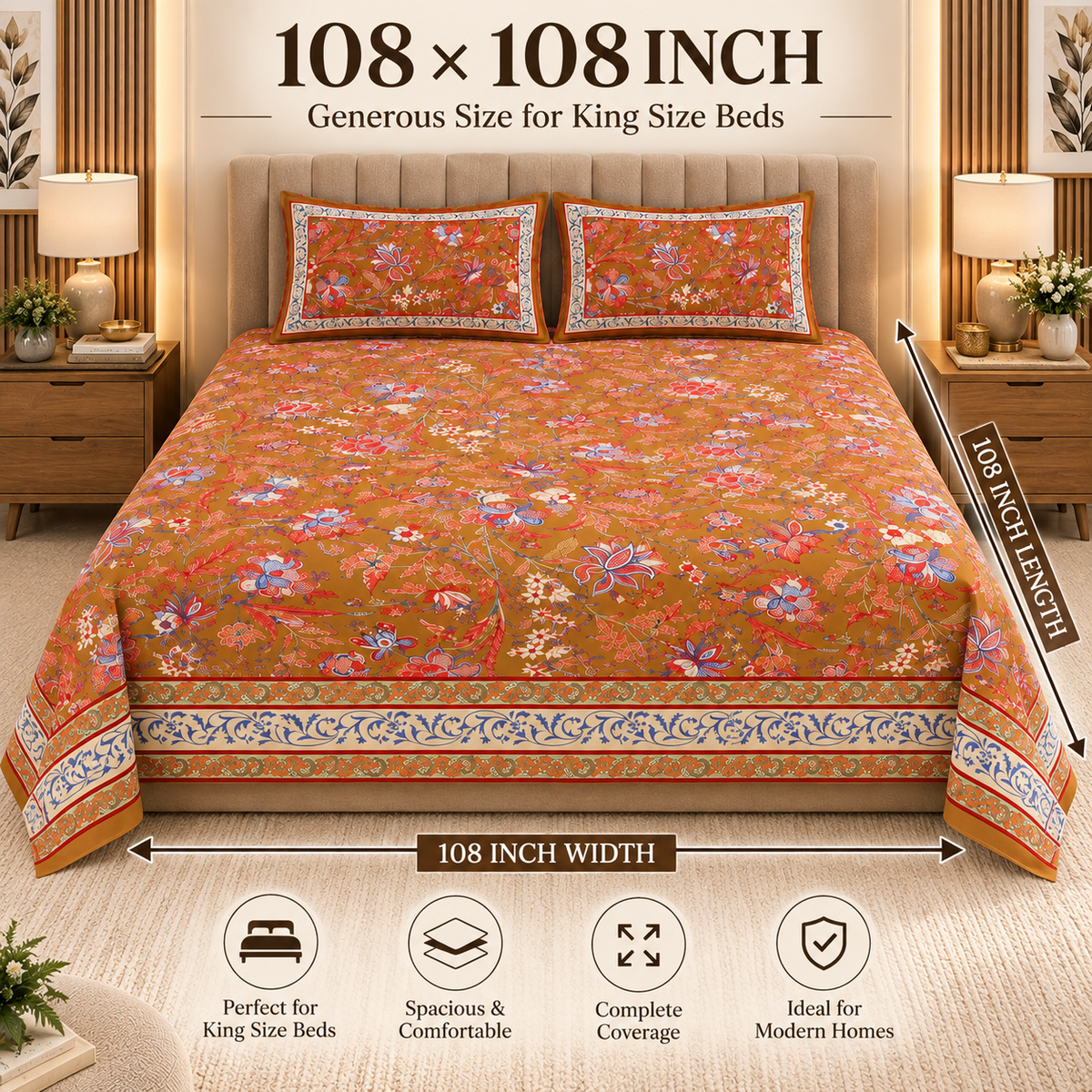 Heavenbirds 300 TC Premium Cotton Bedsheet with 2 Pillow Covers | Ultra Soft & Color Fade Resistant