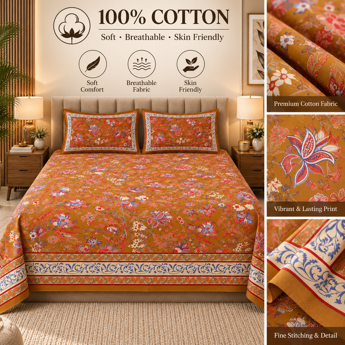 Heavenbirds 300 TC Premium Cotton Bedsheet with 2 Pillow Covers | Ultra Soft & Color Fade Resistant