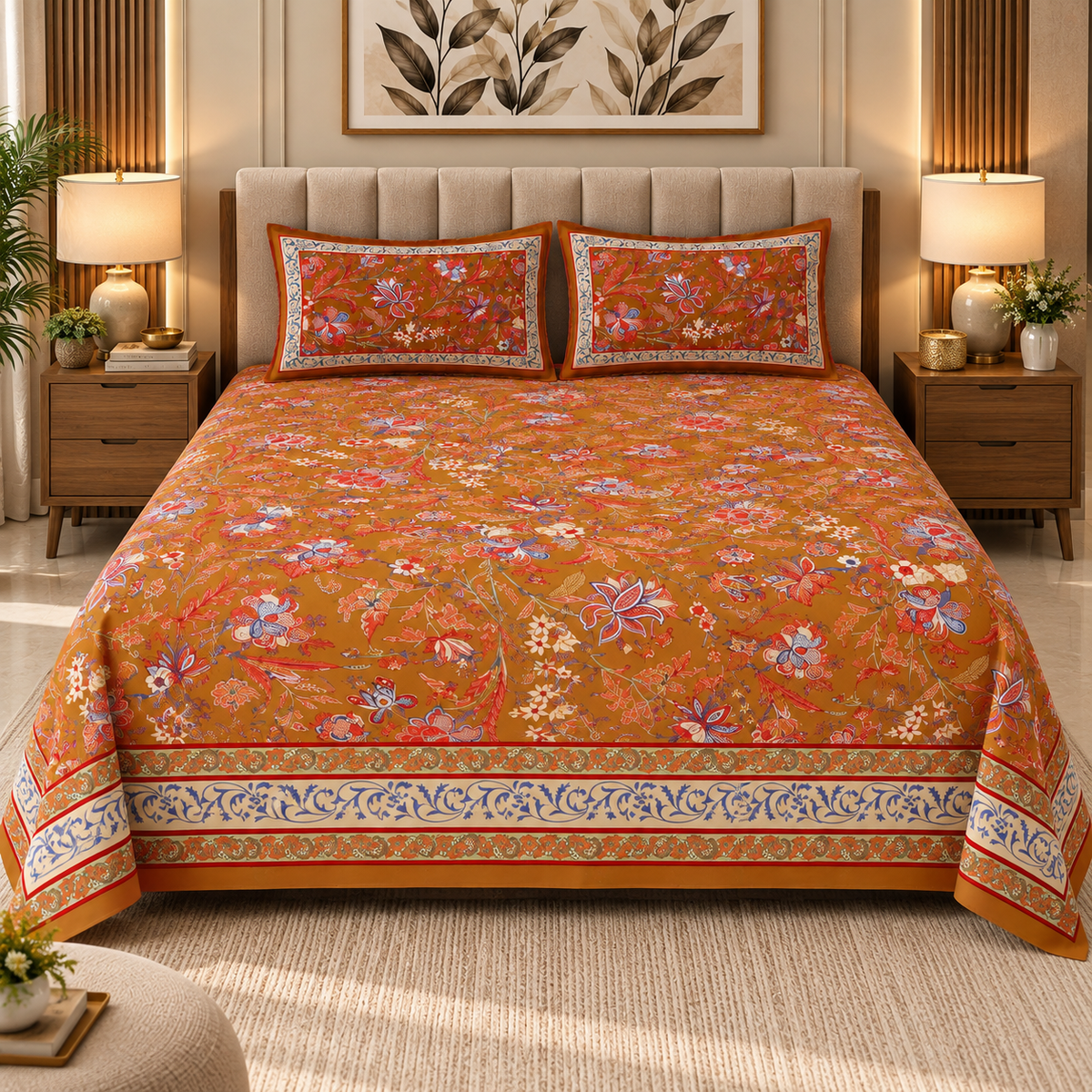 Heavenbirds 300 TC Premium Cotton Bedsheet with 2 Pillow Covers | Ultra Soft & Color Fade Resistant