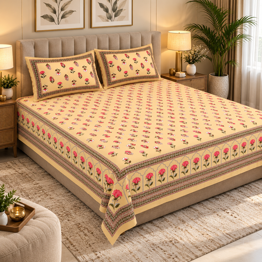 Heavenbirds 300 TC Premium Cotton Bedsheet with 2 Pillow Covers | Ultra Soft & Color Fade Resistant