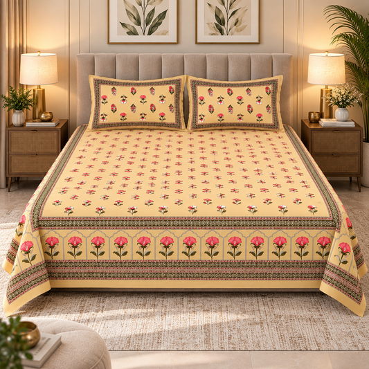 Heavenbirds 300 TC Premium Cotton Bedsheet with 2 Pillow Covers | Ultra Soft & Color Fade Resistant