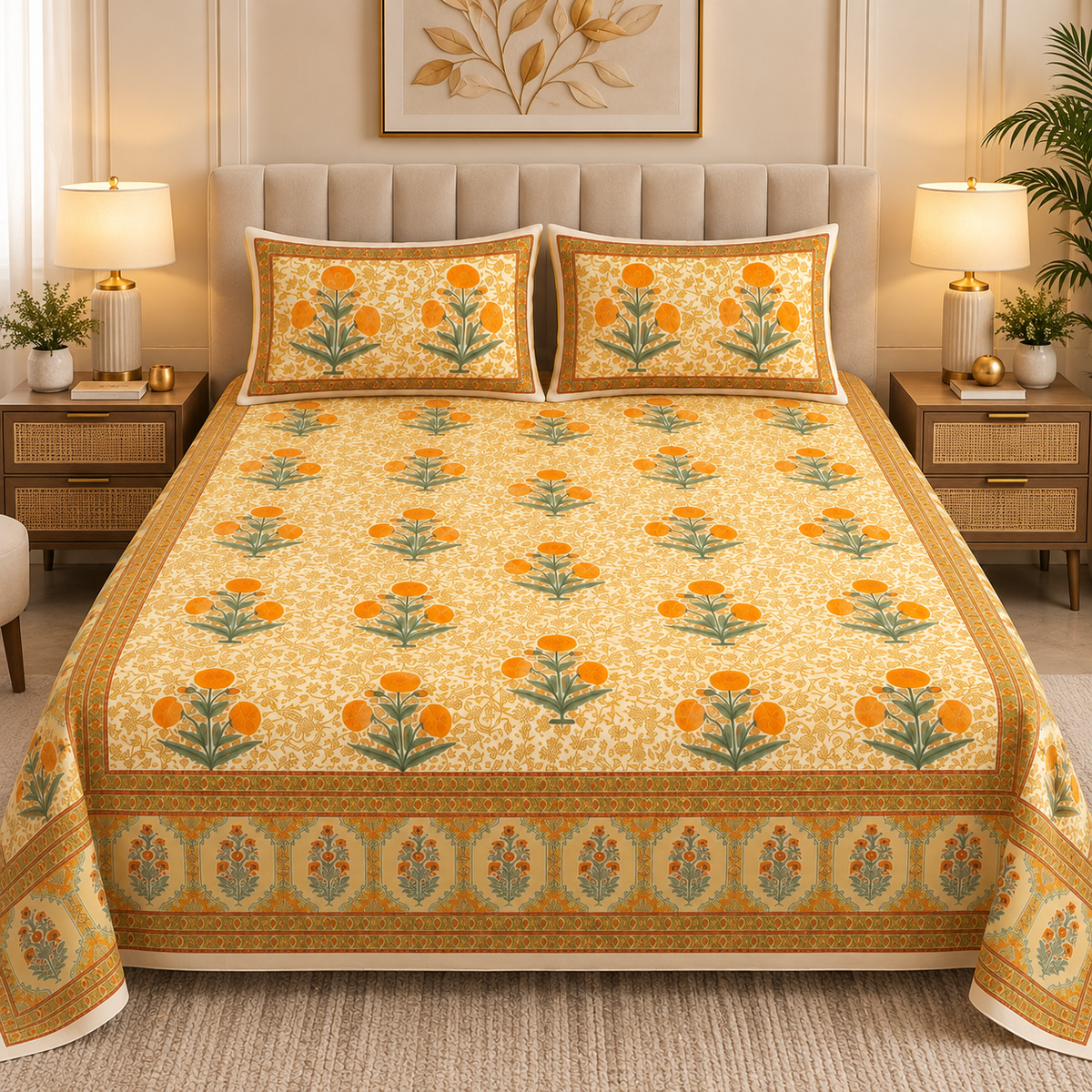 Heavenbirds 300 TC Premium Cotton Bedsheet with 2 Pillow Covers | Ultra Soft & Color Fade Resistant