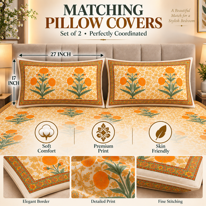 Heavenbirds 300 TC Premium Cotton Bedsheet with 2 Pillow Covers | Ultra Soft & Color Fade Resistant