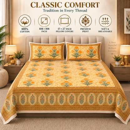 Heavenbirds 300 TC Premium Cotton Bedsheet with 2 Pillow Covers | Ultra Soft & Color Fade Resistant