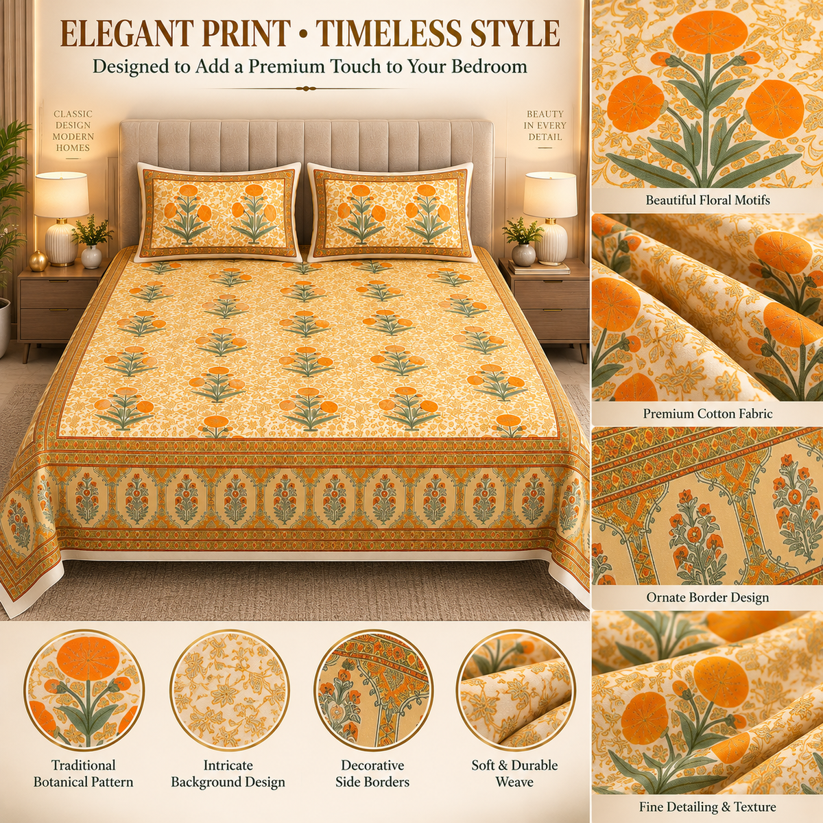 Heavenbirds 300 TC Premium Cotton Bedsheet with 2 Pillow Covers | Ultra Soft & Color Fade Resistant