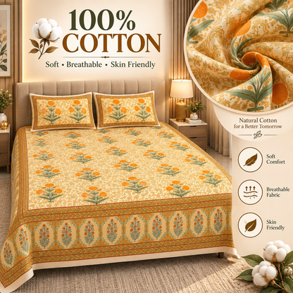 Heavenbirds 300 TC Premium Cotton Bedsheet with 2 Pillow Covers | Ultra Soft & Color Fade Resistant