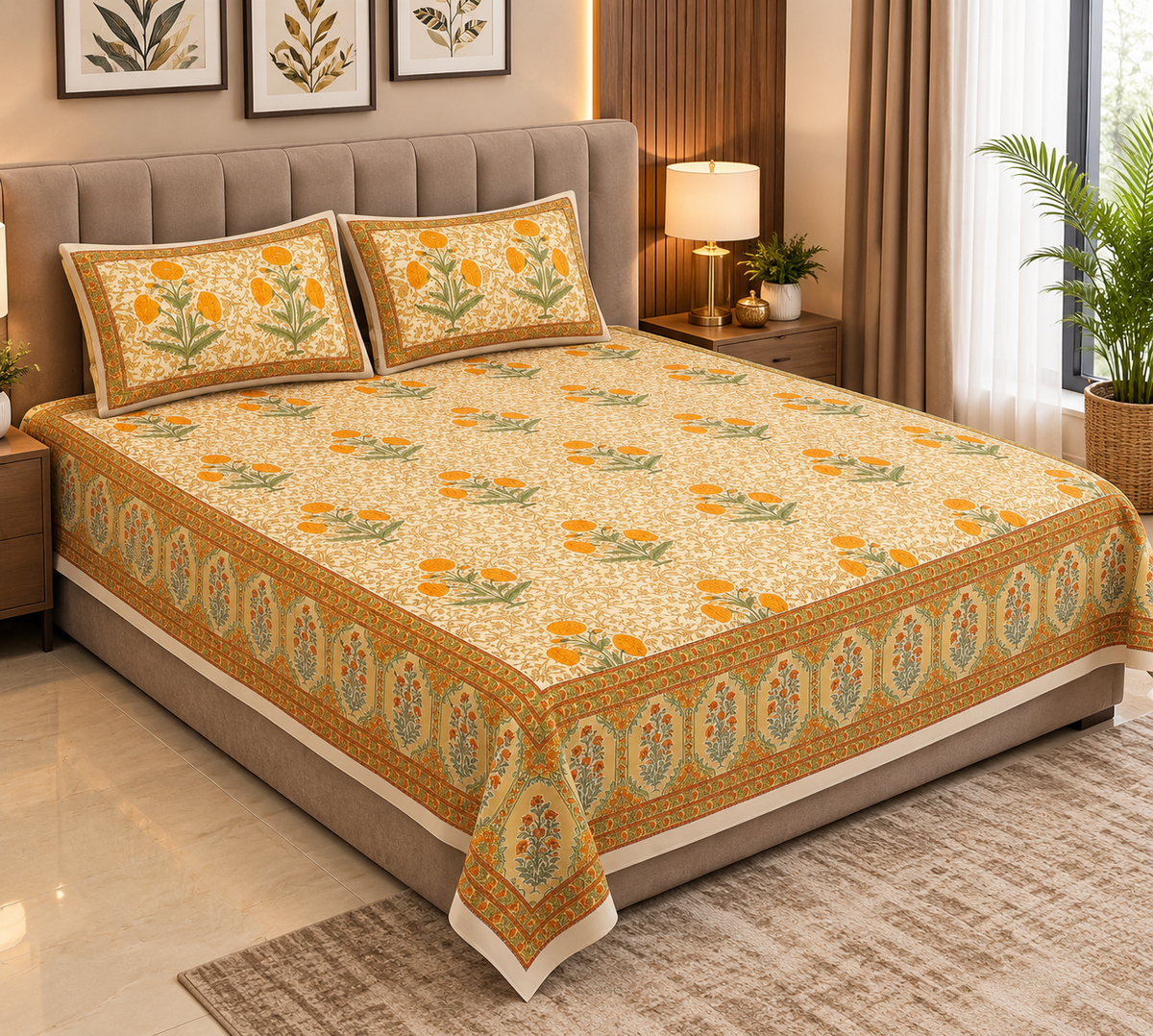 Heavenbirds 300 TC Premium Cotton Bedsheet with 2 Pillow Covers | Ultra Soft & Color Fade Resistant