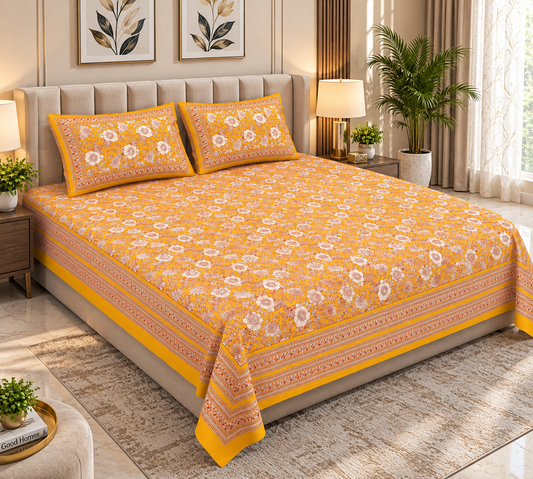 Heavenbirds 300 TC Premium Cotton Bedsheet with 2 Pillow Covers | Ultra Soft & Color Fade Resistant