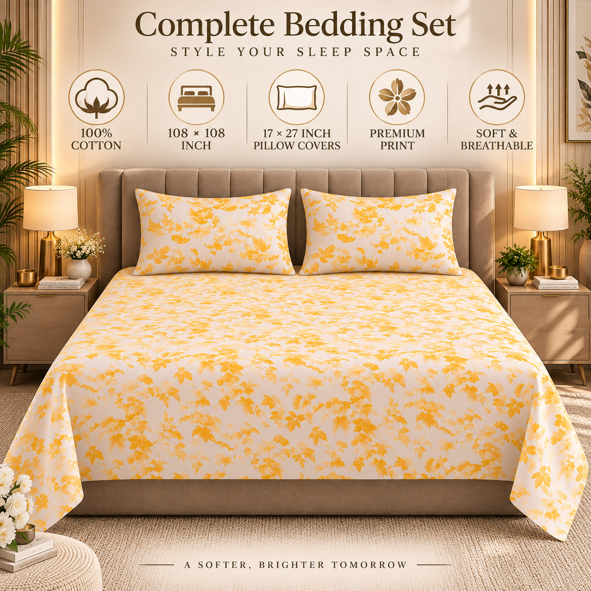 Heavenbirds 300 TC Premium Cotton Bedsheet with 2 Pillow Covers | Ultra Soft & Color Fade Resistant