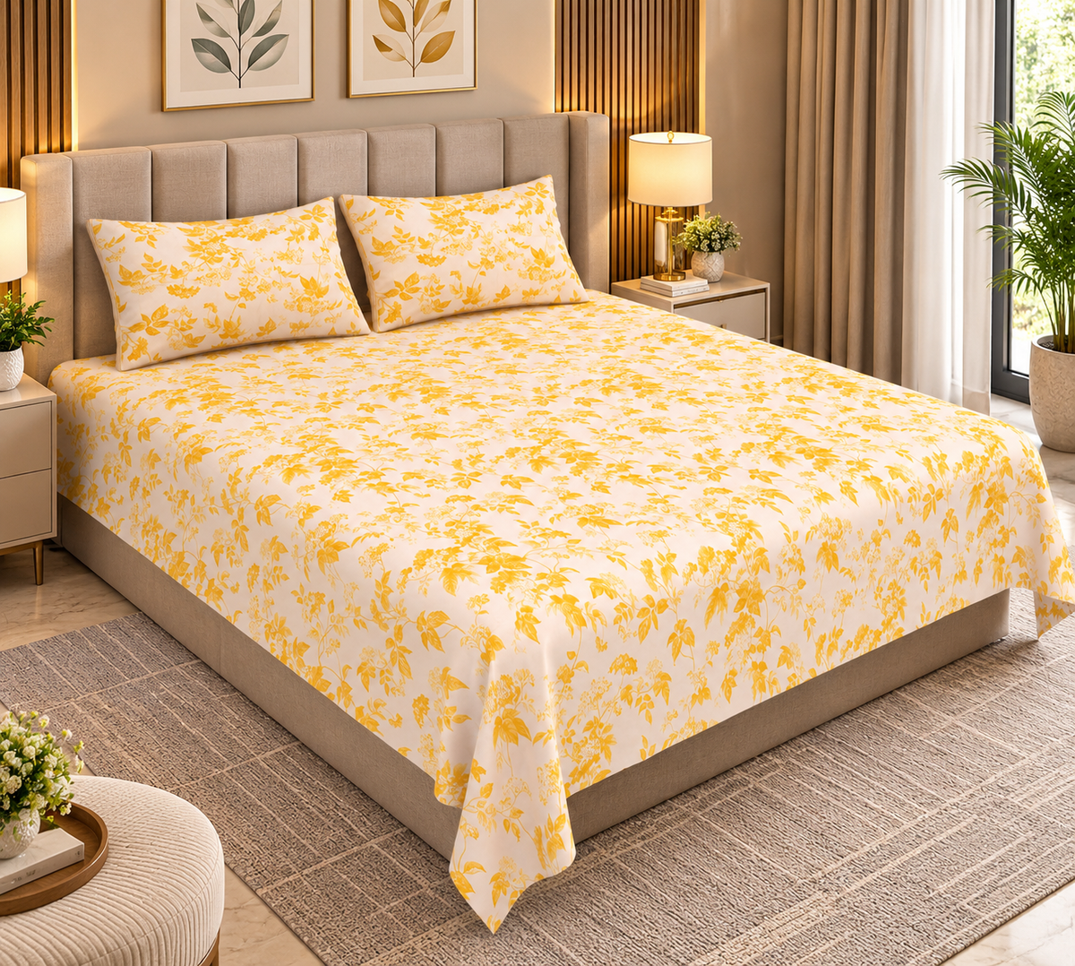 Heavenbirds 300 TC Premium Cotton Bedsheet with 2 Pillow Covers | Ultra Soft & Color Fade Resistant