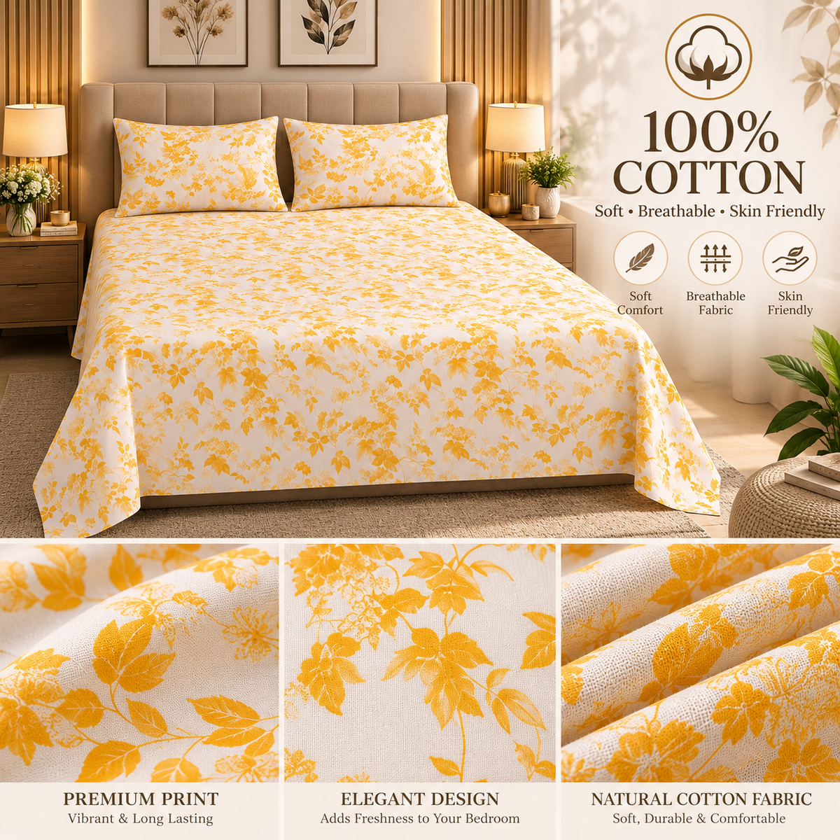 Heavenbirds 300 TC Premium Cotton Bedsheet with 2 Pillow Covers | Ultra Soft & Color Fade Resistant