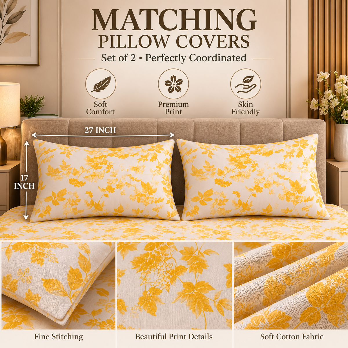 Heavenbirds 300 TC Premium Cotton Bedsheet with 2 Pillow Covers | Ultra Soft & Color Fade Resistant