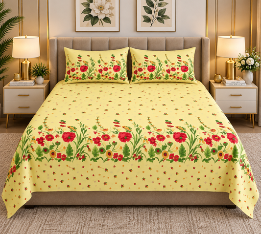 Heavenbirds 300 TC Premium Cotton Bedsheet with 2 Pillow Covers | Ultra Soft & Color Fade Resistant