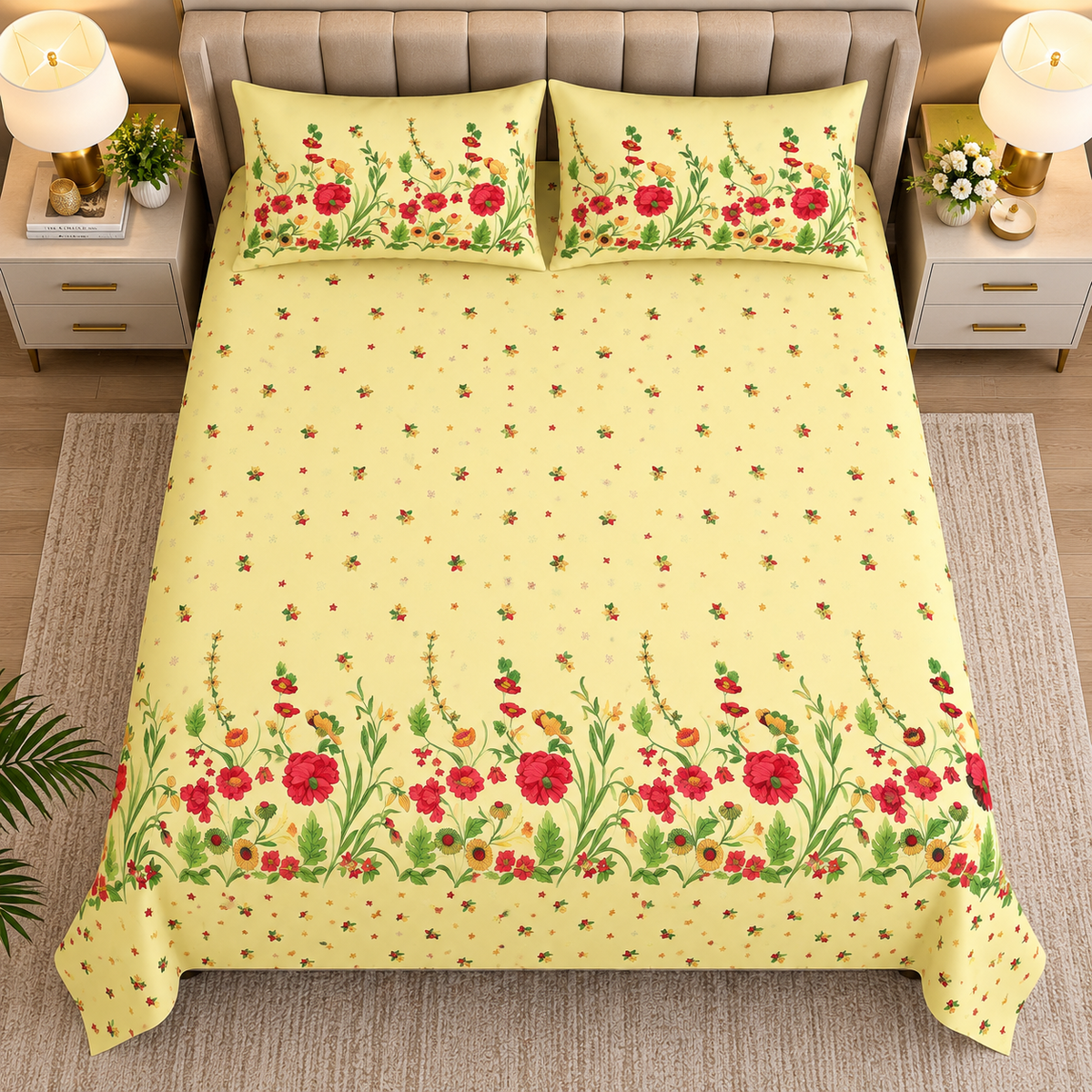Heavenbirds 300 TC Premium Cotton Bedsheet with 2 Pillow Covers | Ultra Soft & Color Fade Resistant