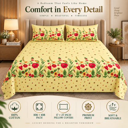 Heavenbirds 300 TC Premium Cotton Bedsheet with 2 Pillow Covers | Ultra Soft & Color Fade Resistant