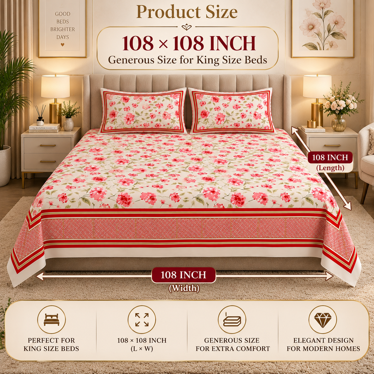 Heavenbirds 300 TC Premium Cotton Bedsheet with 2 Pillow Covers | Ultra Soft & Color Fade Resistant