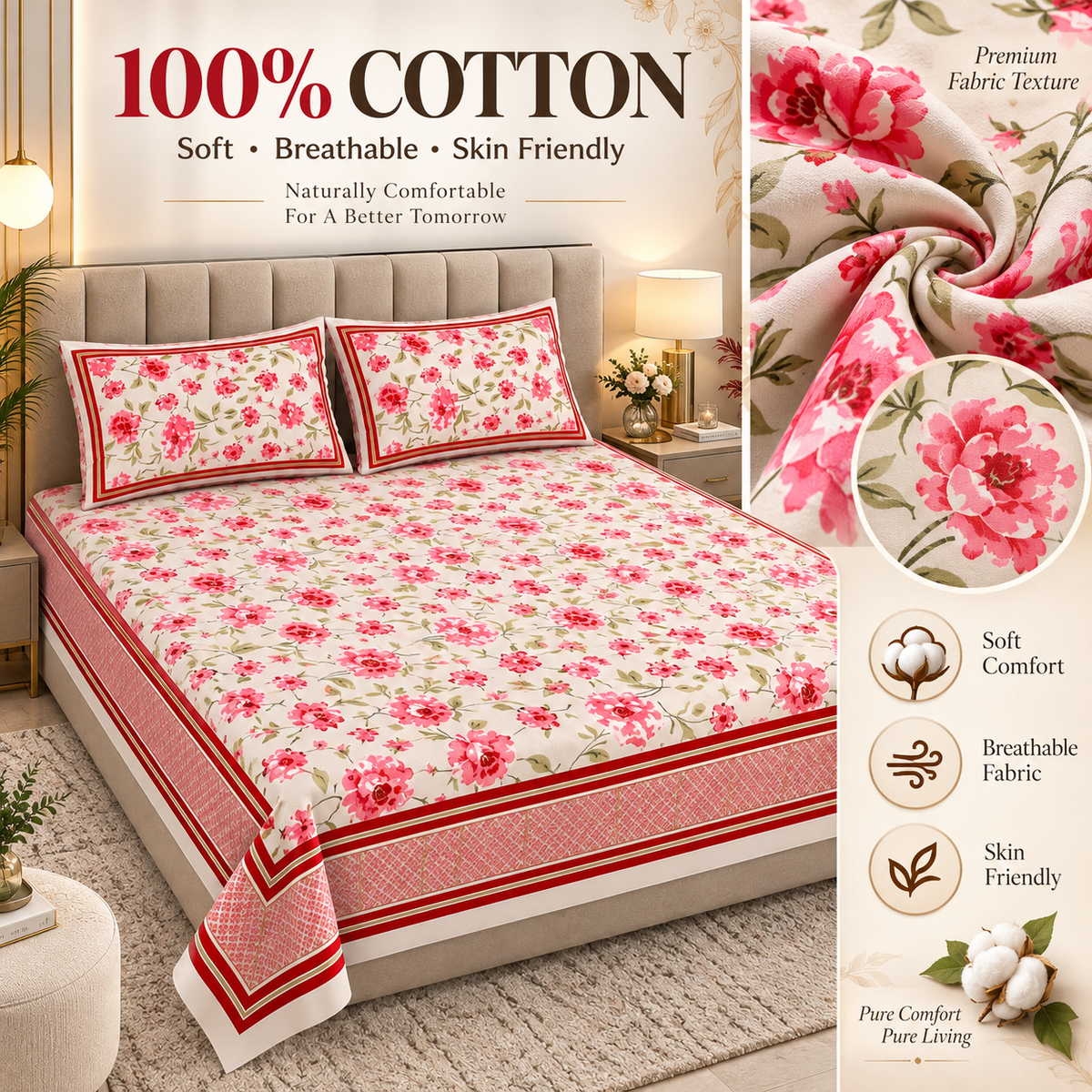 Heavenbirds 300 TC Premium Cotton Bedsheet with 2 Pillow Covers | Ultra Soft & Color Fade Resistant