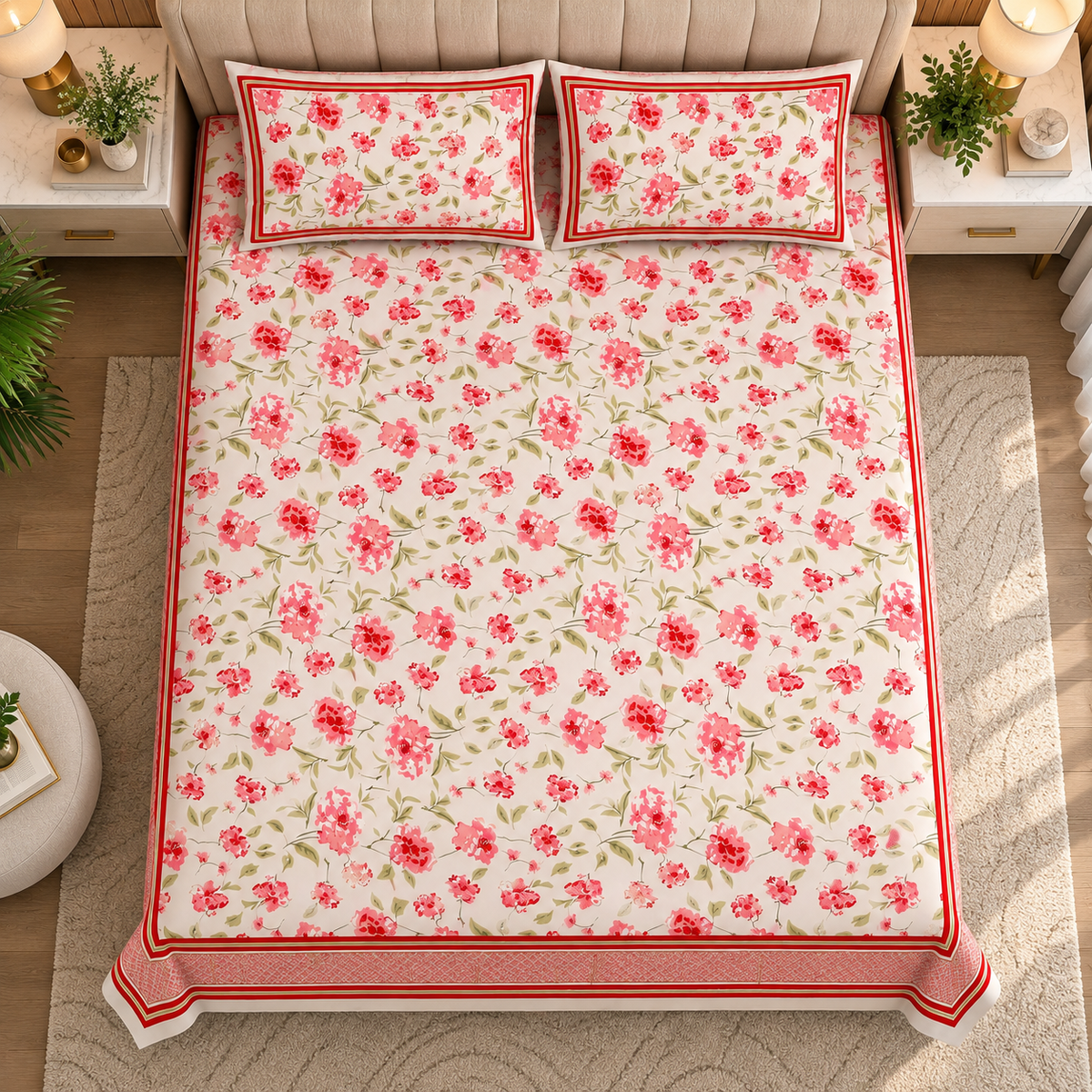 Heavenbirds 300 TC Premium Cotton Bedsheet with 2 Pillow Covers | Ultra Soft & Color Fade Resistant
