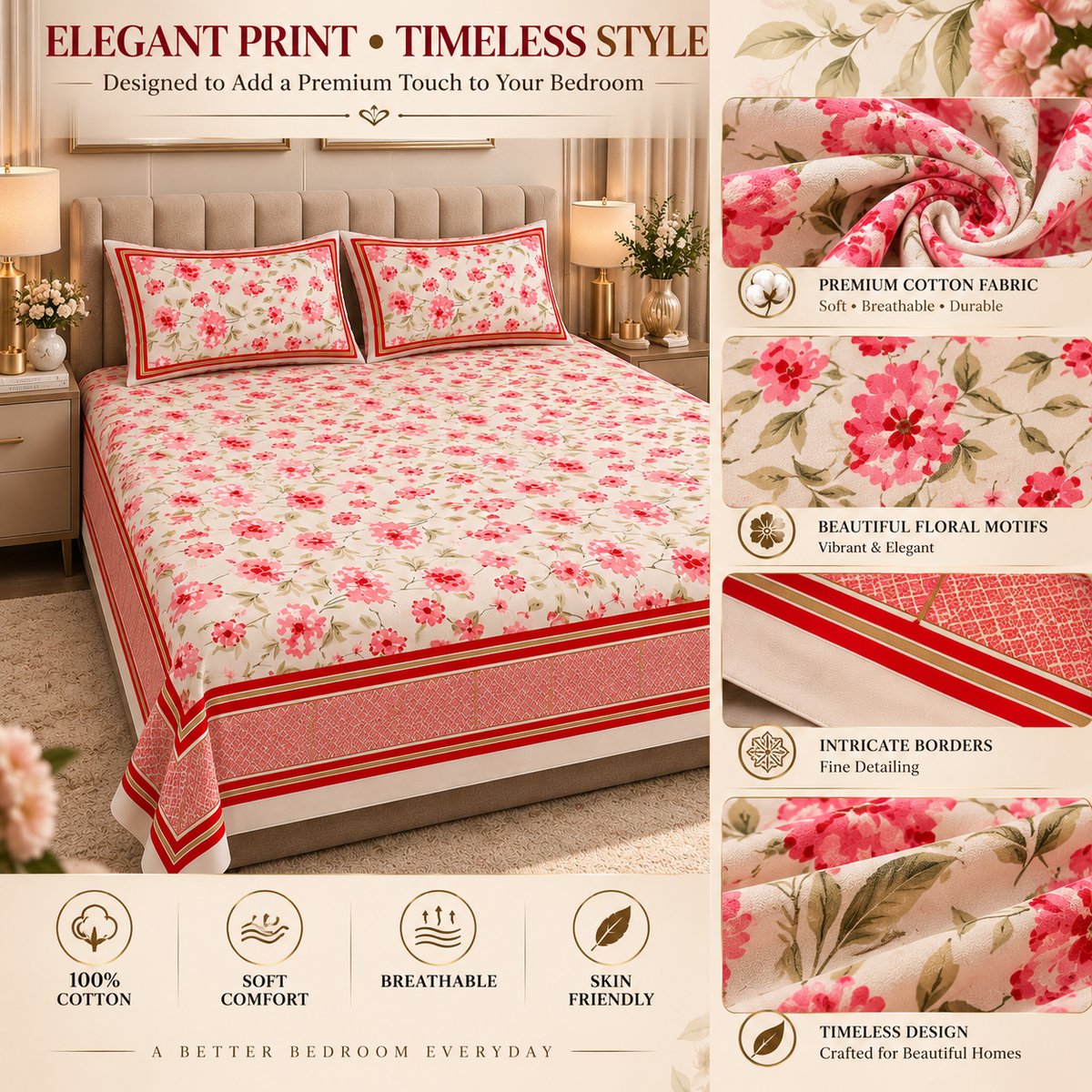 Heavenbirds 300 TC Premium Cotton Bedsheet with 2 Pillow Covers | Ultra Soft & Color Fade Resistant