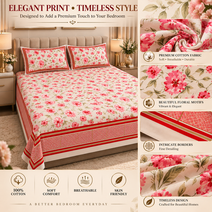 Heavenbirds 300 TC Premium Cotton Bedsheet with 2 Pillow Covers | Ultra Soft & Color Fade Resistant
