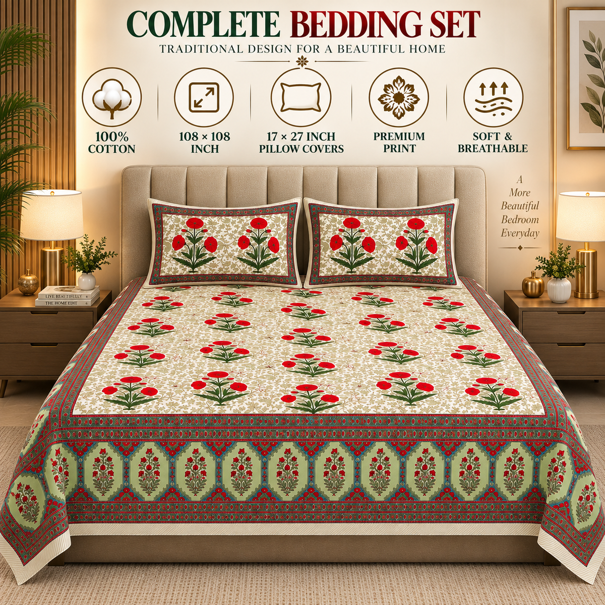 Heavenbirds 300 TC Premium Cotton Bedsheet with 2 Pillow Covers | Ultra Soft & Color Fade Resistant