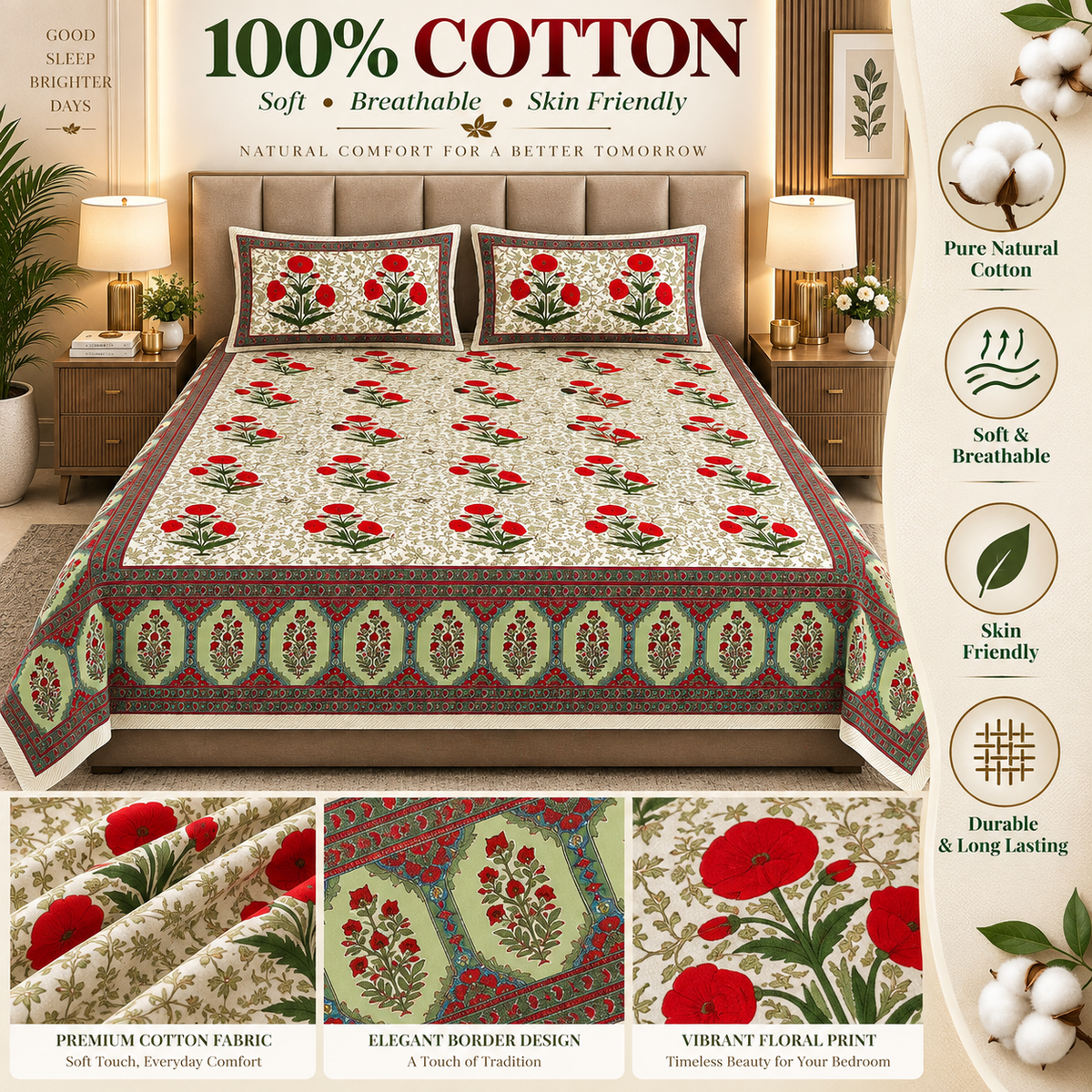 Heavenbirds 300 TC Premium Cotton Bedsheet with 2 Pillow Covers | Ultra Soft & Color Fade Resistant