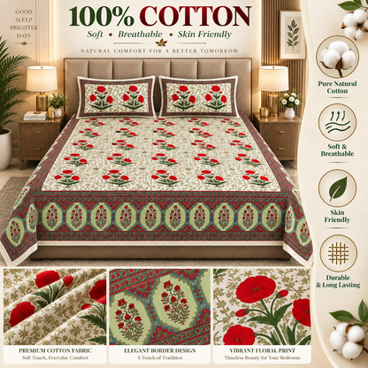Heavenbirds 300 TC Premium Cotton Bedsheet with 2 Pillow Covers | Ultra Soft & Color Fade Resistant