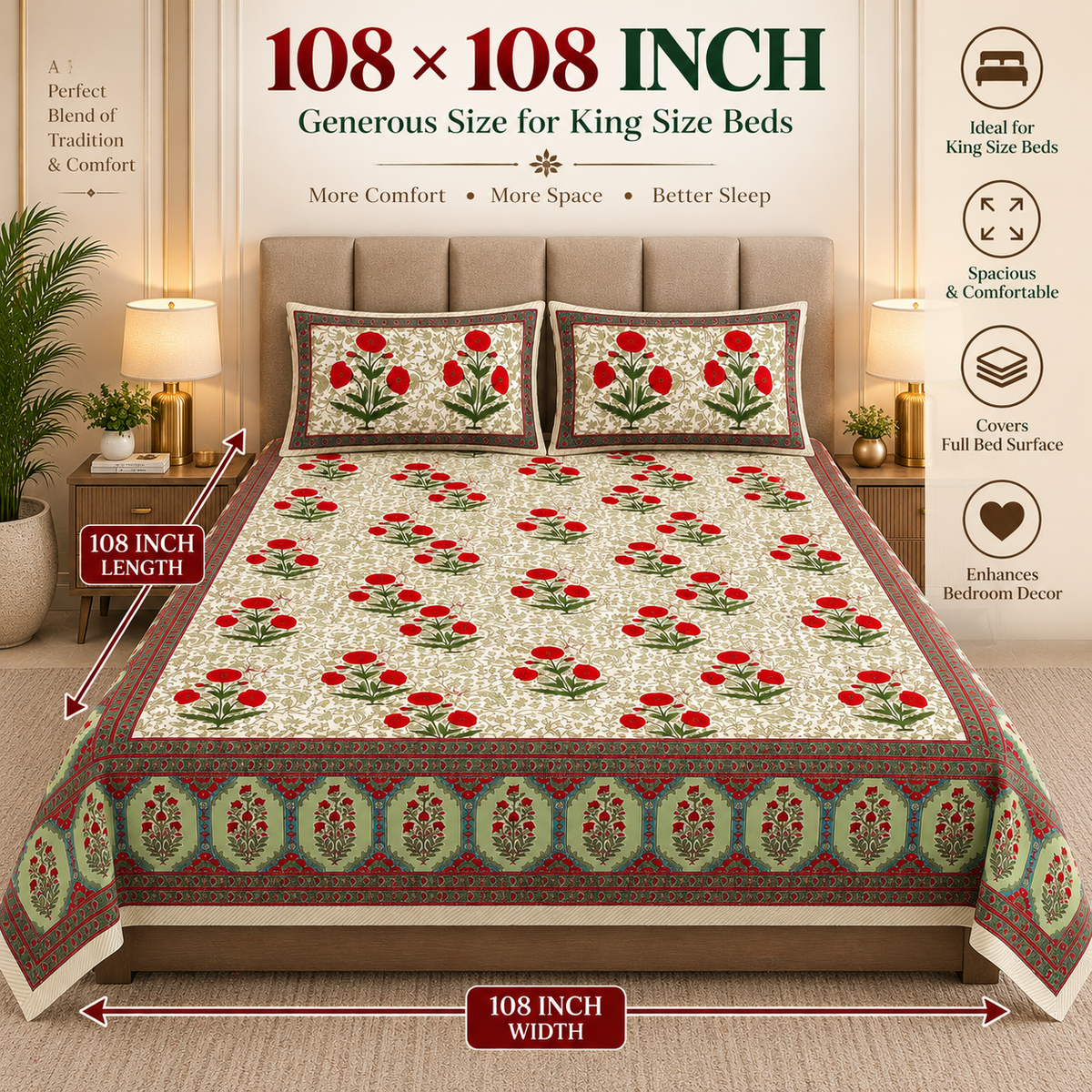 Heavenbirds 300 TC Premium Cotton Bedsheet with 2 Pillow Covers | Ultra Soft & Color Fade Resistant