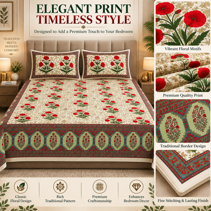 Heavenbirds 300 TC Premium Cotton Bedsheet with 2 Pillow Covers | Ultra Soft & Color Fade Resistant
