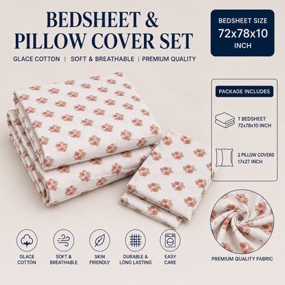 Autumn Bloom Glace Cotton Bedsheet – King Size, Peach Geometric Print, Fitted Bedsheet (1B + 2P)