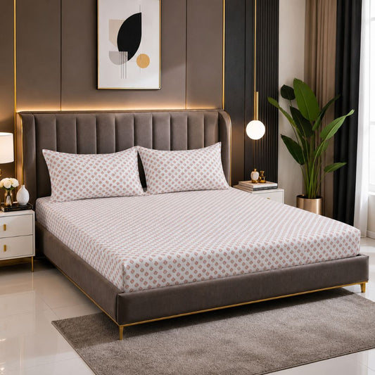 Autumn Bloom Glace Cotton Bedsheet – King Size, Peach Geometric Print, Fitted Bedsheet (1B + 2P)