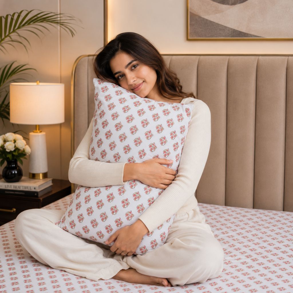 Autumn Bloom Glace Cotton Bedsheet – King Size, Peach Geometric Print, Fitted Bedsheet (1B + 2P)