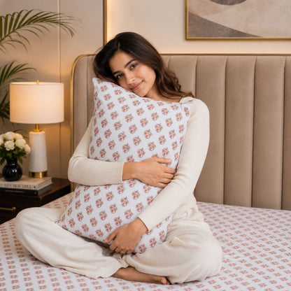 Autumn Bloom Glace Cotton Bedsheet – King Size, Peach Geometric Print, Fitted Bedsheet (1B + 2P)