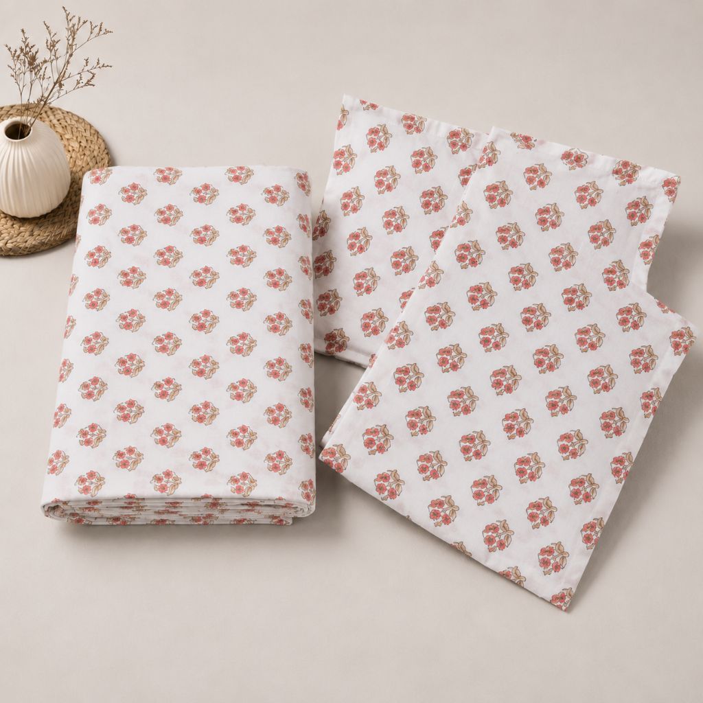 Autumn Bloom Glace Cotton Bedsheet – King Size, Peach Geometric Print, Fitted Bedsheet (1B + 2P)