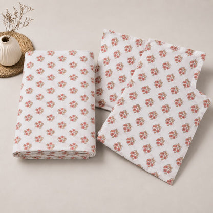 Autumn Bloom Glace Cotton Bedsheet – King Size, Peach Geometric Print, Fitted Bedsheet (1B + 2P)