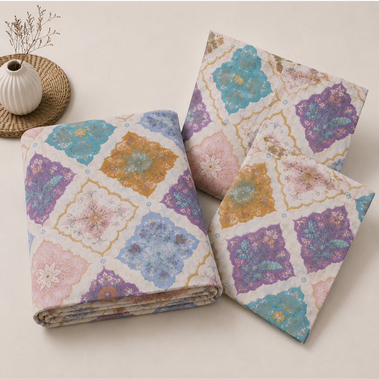 Mosaic Charm Feels like Glace Cotton Bedsheet – King Size, Multicolor Moroccan Print, Fitted Bedsheet (1B + 2P)