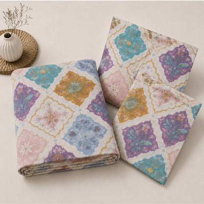 Mosaic Charm Feels like Glace Cotton Bedsheet – King Size, Multicolor Moroccan Print, Fitted Bedsheet (1B + 2P)