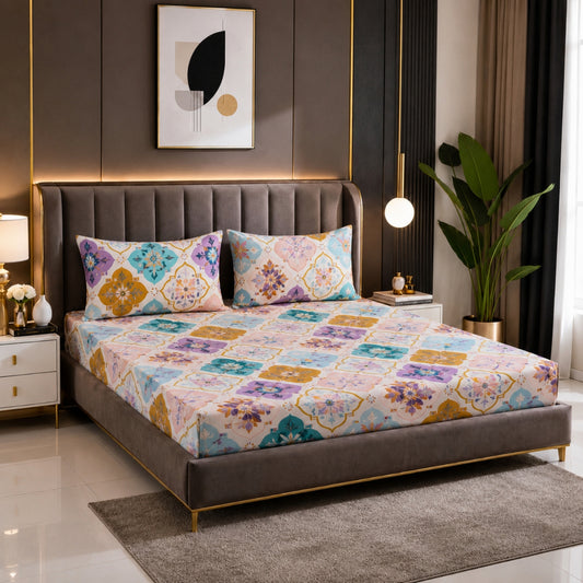 Mosaic Charm Feels like Glace Cotton Bedsheet – King Size, Multicolor Moroccan Print, Fitted Bedsheet (1B + 2P)