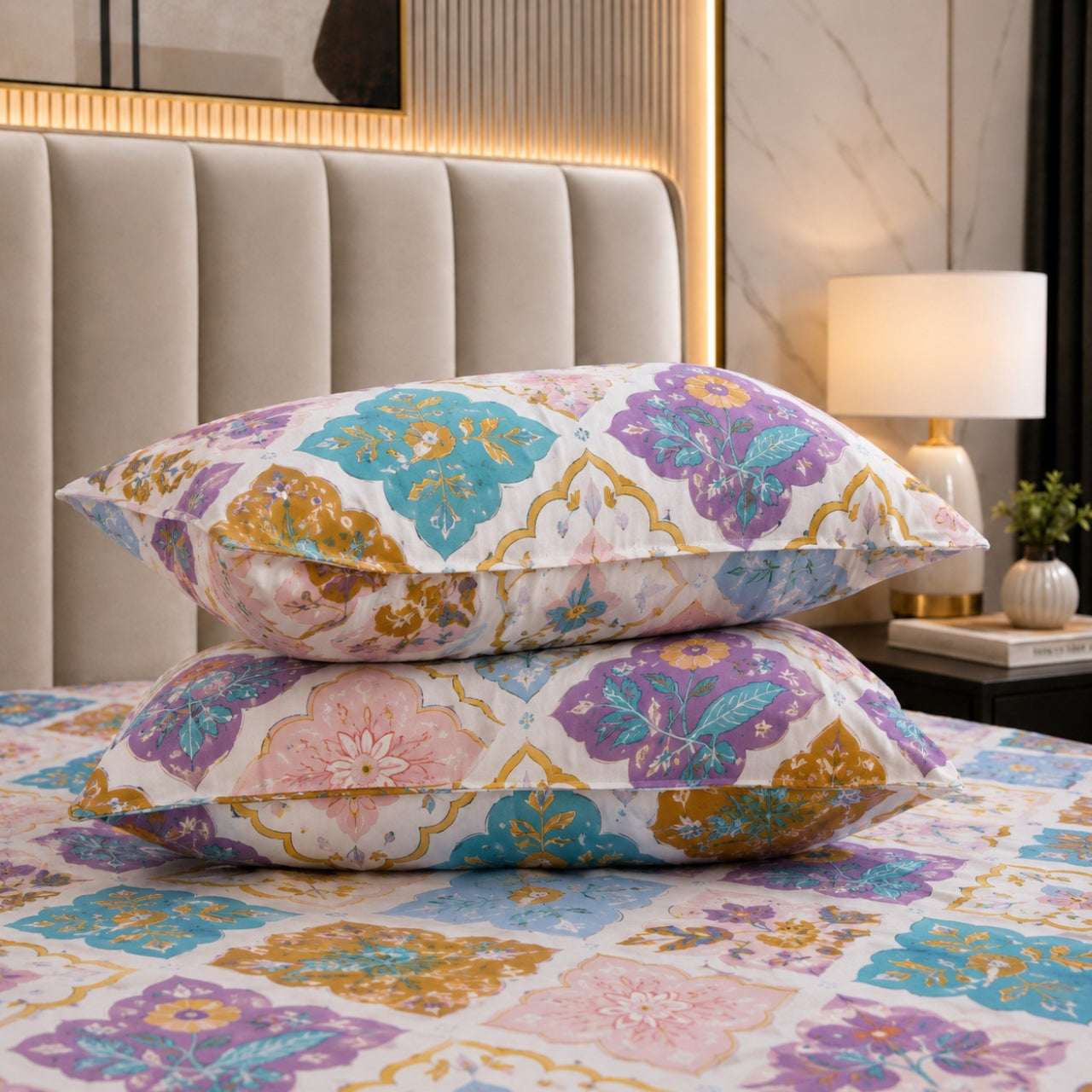 Mosaic Charm Feels like Glace Cotton Bedsheet – King Size, Multicolor Moroccan Print, Fitted Bedsheet (1B + 2P)