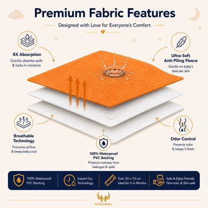 Heavenbirds Waterproof Baby Dry Sheets | Soft Fleece Mattress Protector | 50×70 / 70×100 / 100×140 cm | Orange- Pack of 2