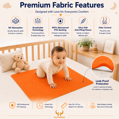 Heavenbirds Waterproof Baby Dry Sheets | Soft Fleece Mattress Protector | 50×70 / 70×100 / 100×140 cm | Orange- Pack of 2